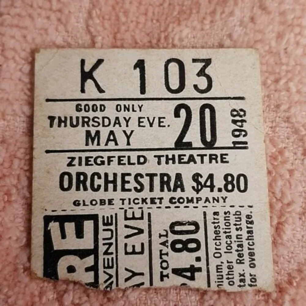 Pair of Vintage 1948 Ziegfeld Theatre Ticket Stubs Broadway NY Globe Ticket Co